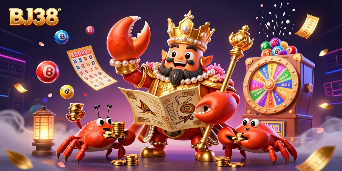 Experience thrilling casino action with BJ38 as a golden crab emperor rules over vibrant lottery elements.