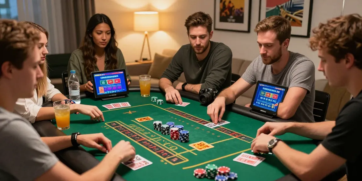 Freunde spielen zusammen an einem Tisch mit Non Gamstop Casinos, fröhliche Atmosphäre mit Spielkarten und Chips.