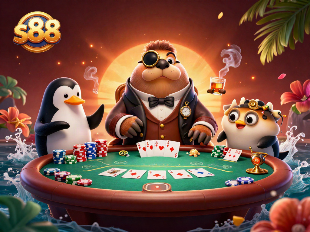 Join the underwater poker action at s88 with a jolly walrus, sophisticated penguin dealer, and bluffing pufferfish.