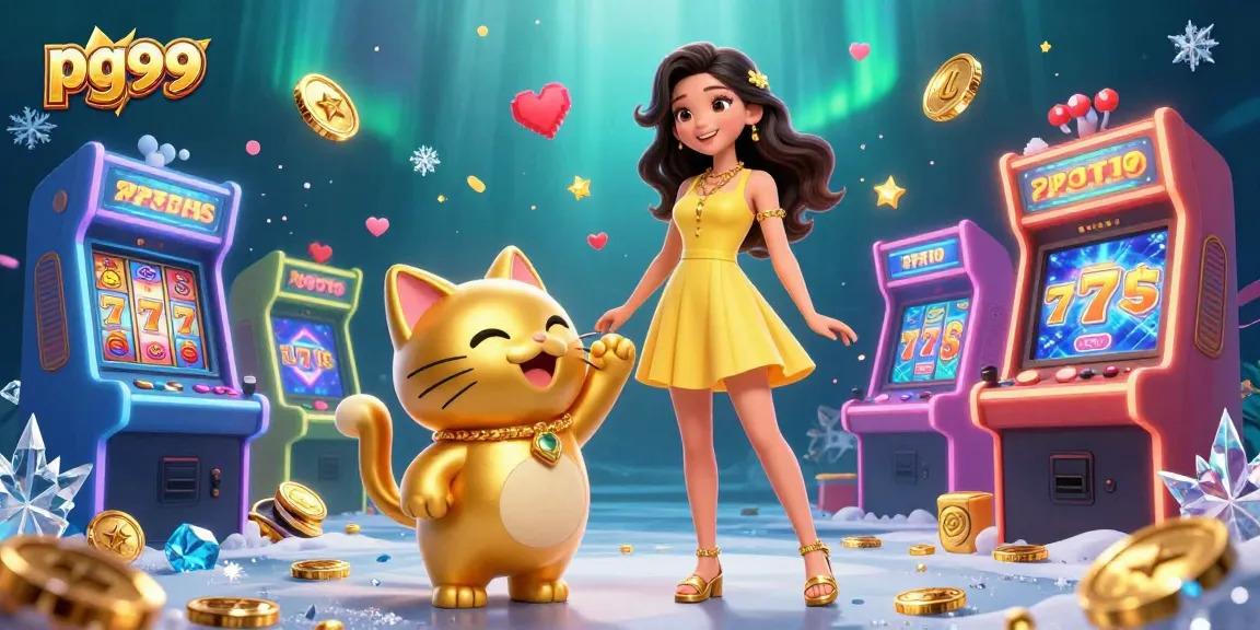 Cherish your victories with pg99 in this vibrant 3D casino scene featuring a joyful woman and a lucky cat mascot.