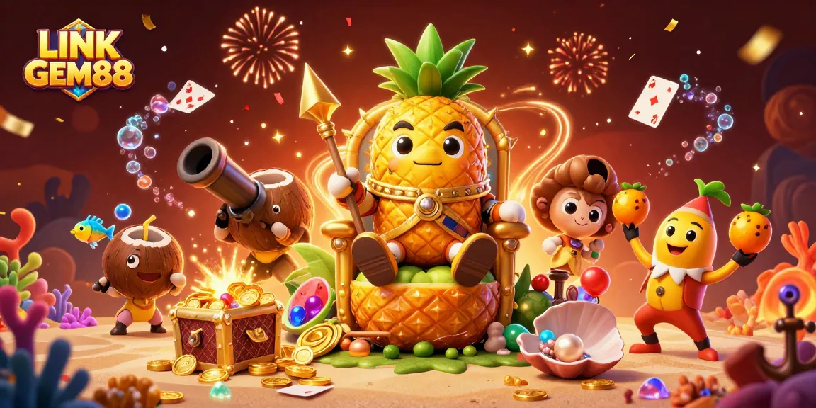 Engage in LINK GEM88 with vibrant casino elements featuring a golden pineapple king and treasures.