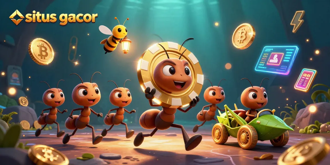 Situs gacor showcases a thrilling heist with animated ants, poker chip, and digital currency symbols.