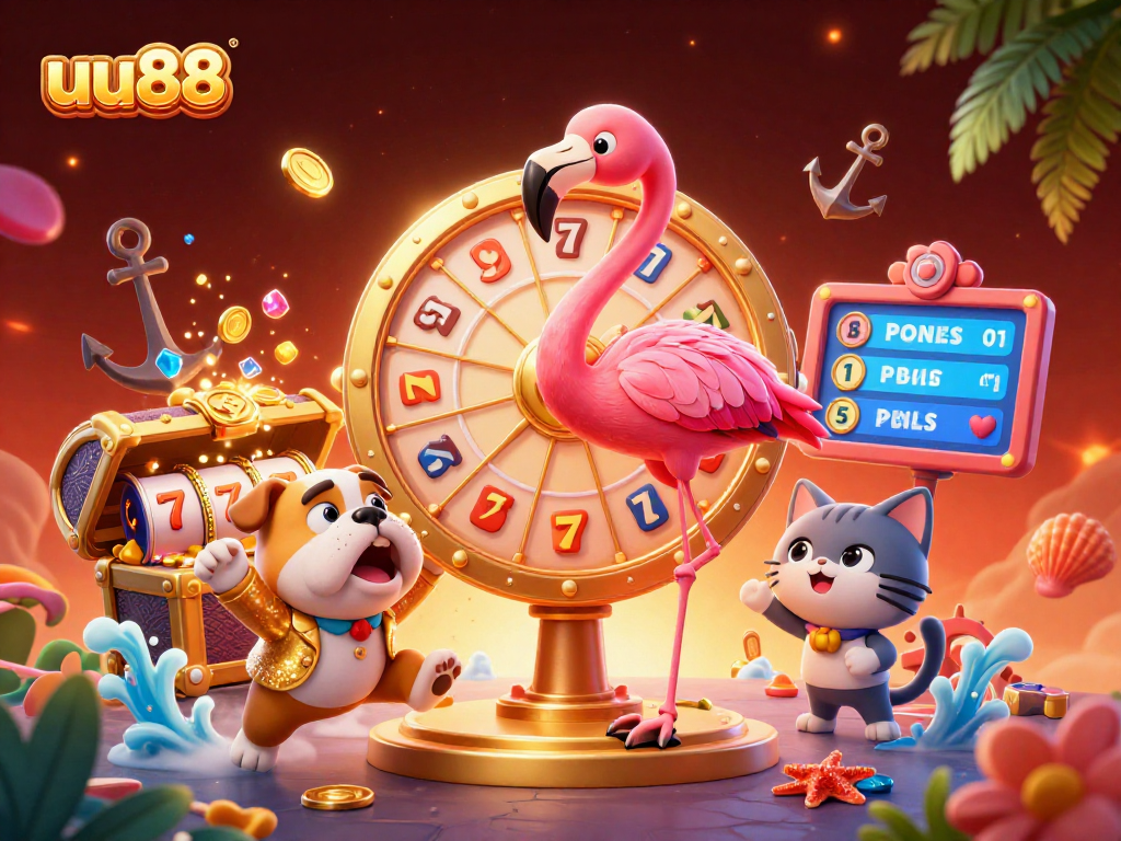 Spin the giant prize wheel at uu88 for a chance to win exciting rewards in this vibrant casino scene.