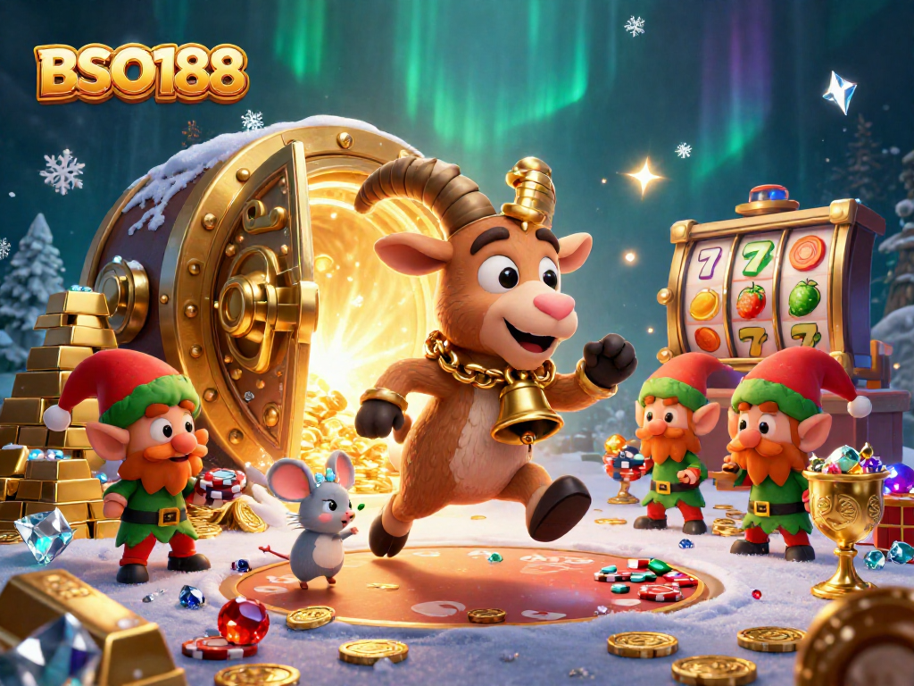 Experience exhilarating gameplay at BSO188 with an enchanting casino scene featuring Krampus and magical characters.