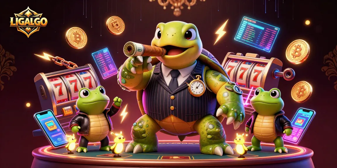 LIGALGO showcases a vibrant casino scene with a snapping turtle and bullfrog enforcers, enhancing your gaming experience.