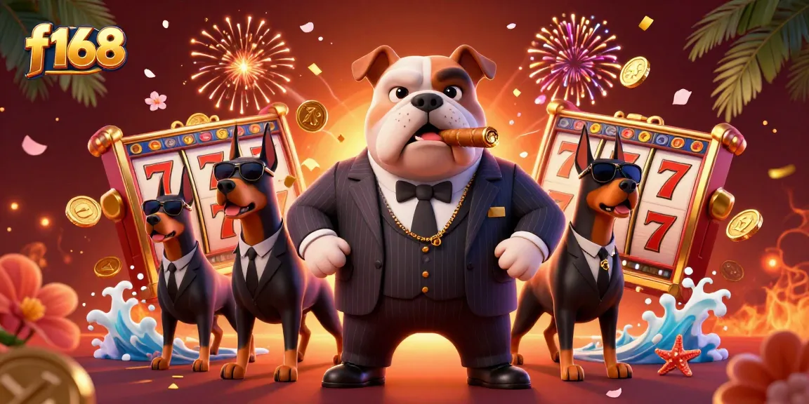 Experience exhilarating slot action with f168's vibrant 3D casino scene featuring a mafia bulldog.