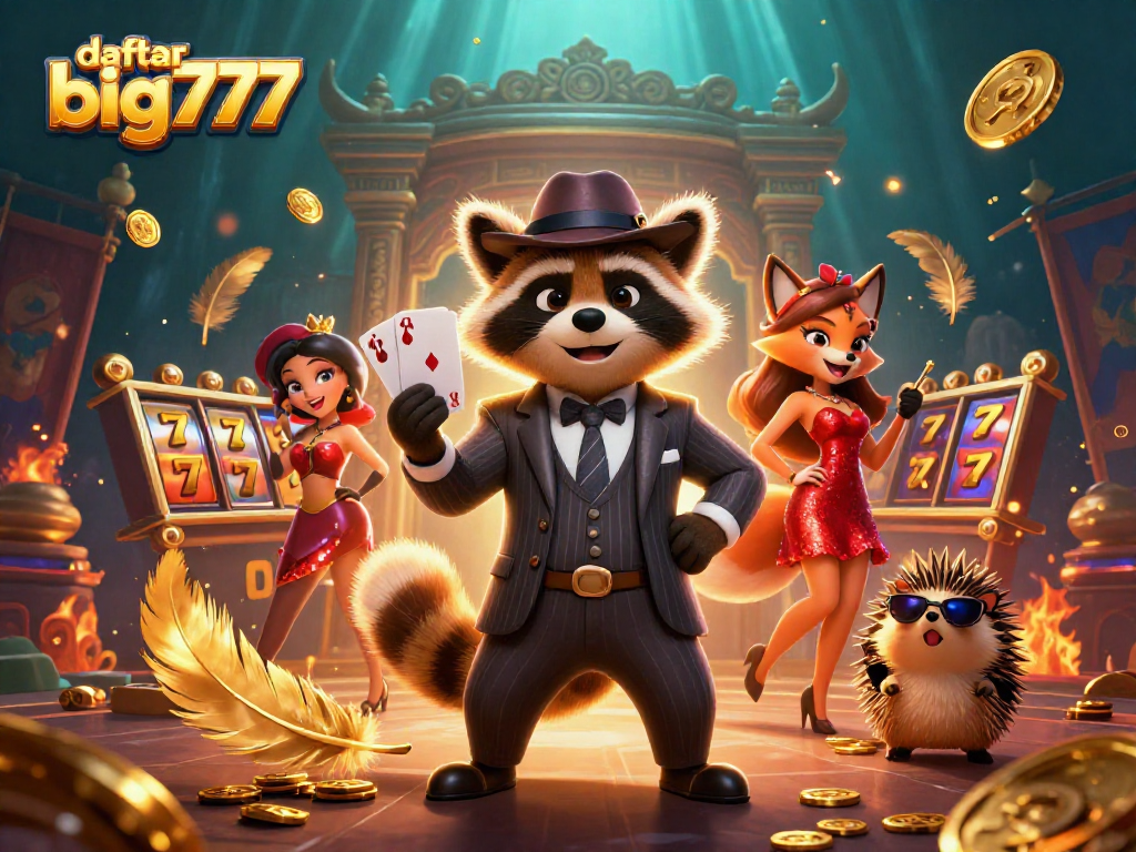 Play at daftar big777 to win with a royal flush hand presented by suave characters in a dynamic casino scene.