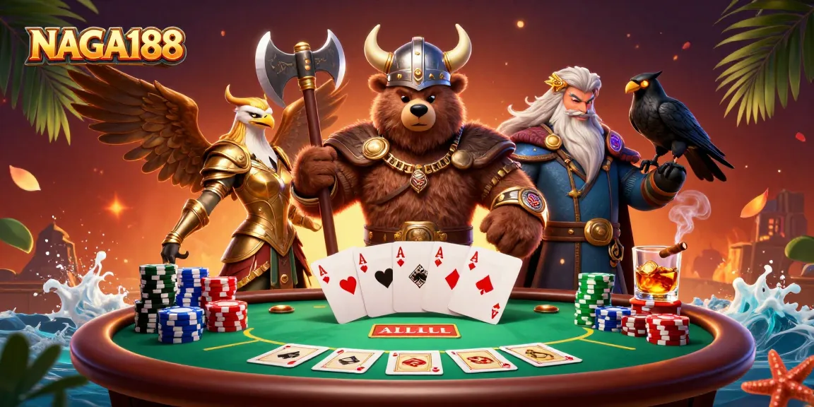 NAGA188 menampilkan ilustrasi kasino yang meriah dengan karakter Viking dan elemen permainan kartu