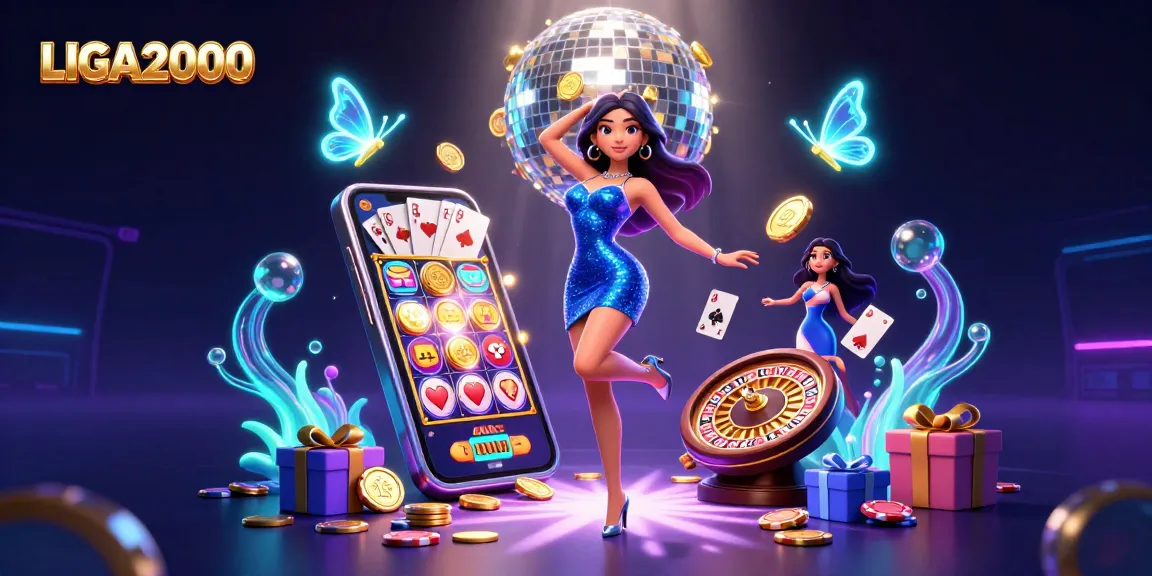 Kegembiraan permainan slot LIGA2000 dengan penari glamor, kupu-kupu neon, dan dekorasi meriah.