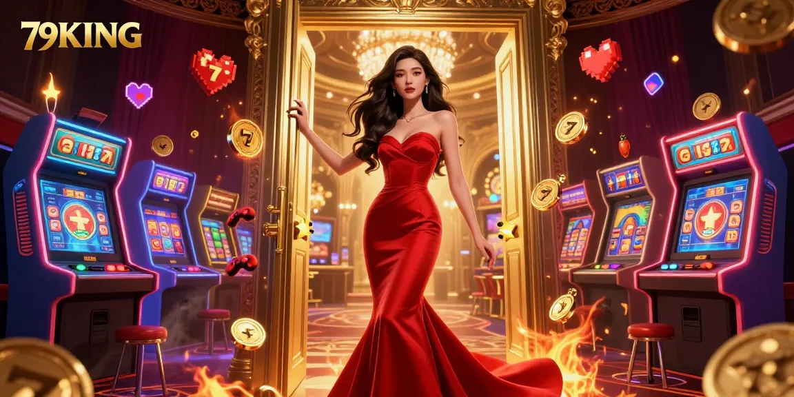 Experience thrilling game action at 79KING with vibrant casino-themed 3D illustration showcasing various gaming elements.