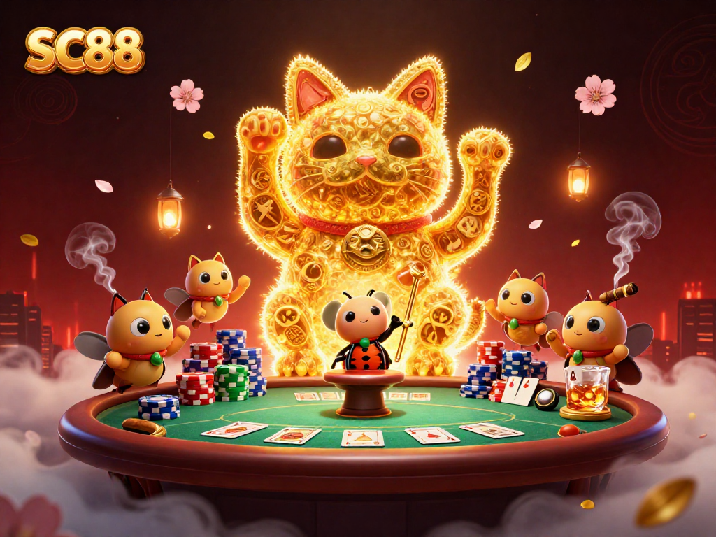 Experience SC88 excitement with vibrant 3D casino elements and the lucky cat symbol.