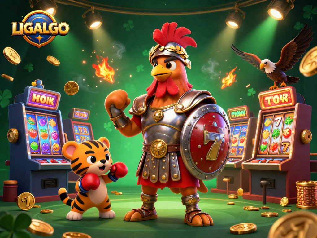 LIGALGO showcases an exciting 3D scene filled with slot machines, coins, and vibrant characters.