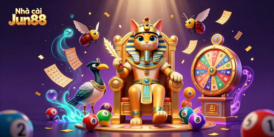 Engaging scene showcasing Nhà cái Jun88 with vibrant casino elements, a pharaoh cat leader, and dynamic lottery balls.