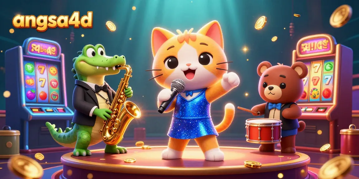 Experience big wins with angsa4d slot games as a jazz-singer cat sings onstage with vibrant casino elements.