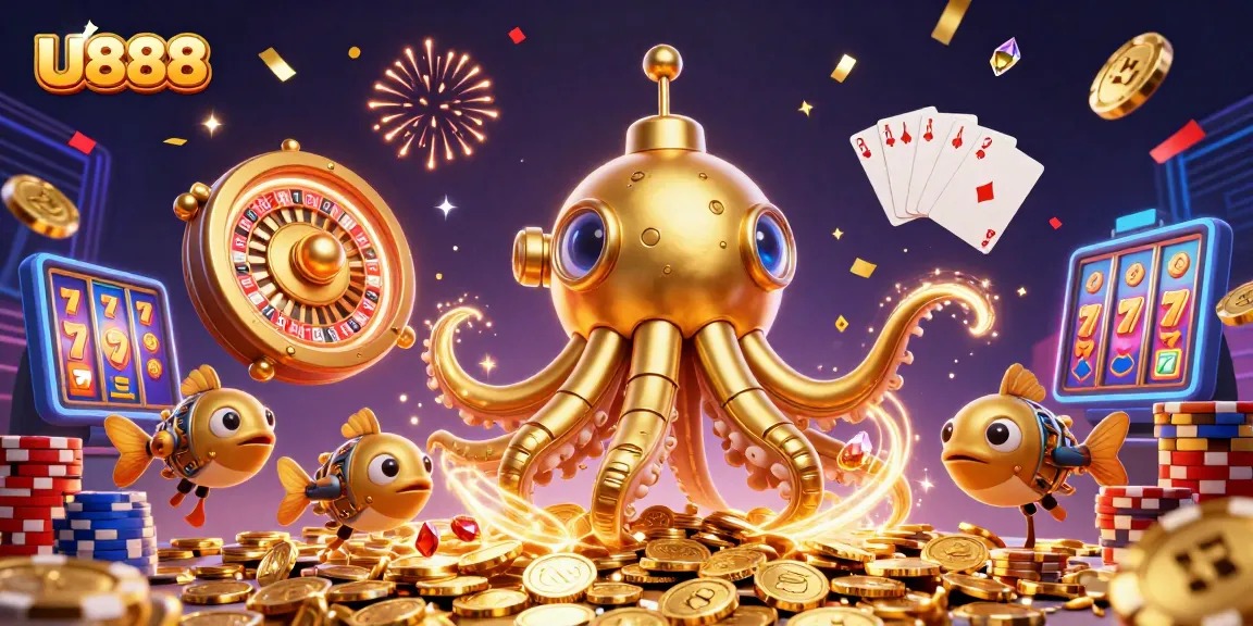 Experience the thrill of U888's golden kraken submarine in a vibrant casino adventure full of winnings.