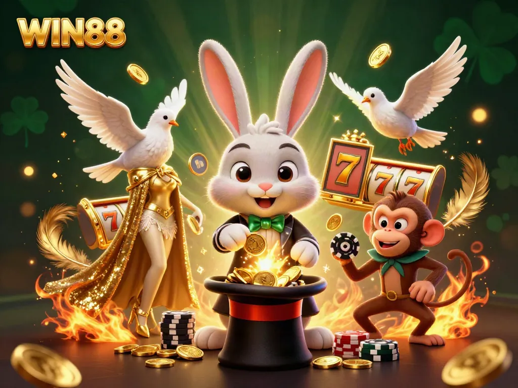 Spin the reels with WIN88 magic in this captivating casino scene, filled with golden coins.