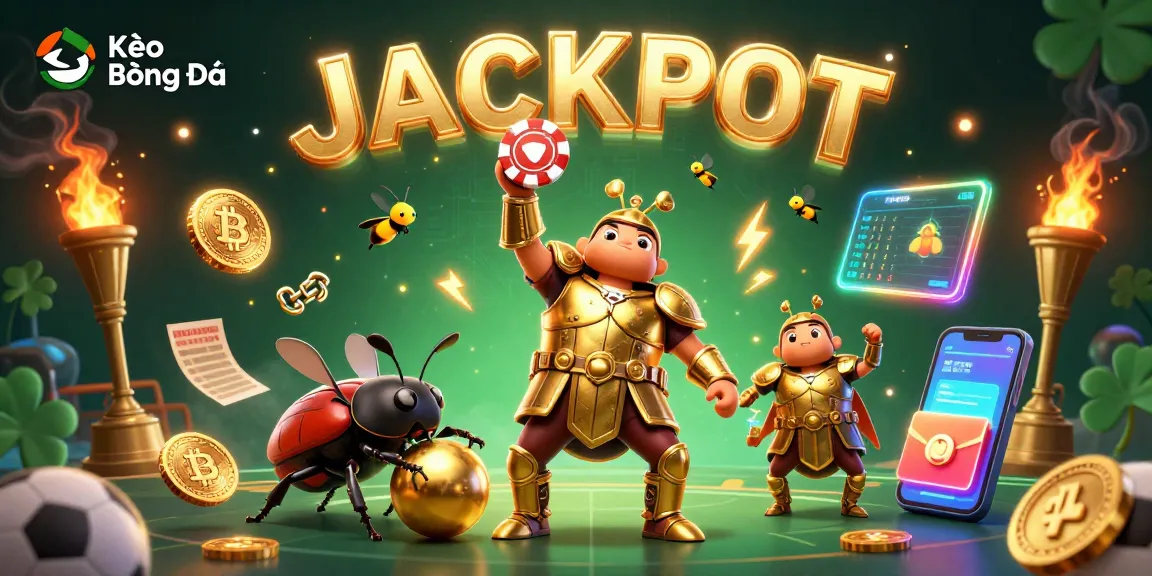 Kèo Bóng Đá showcases a 3D hercules beetle in gladiator armor amidst vibrant sports betting elements.