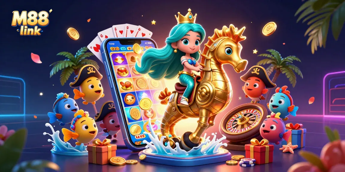 Engage with vibrant M88 link-themed casino art, featuring mermaid princess and gaming elements.