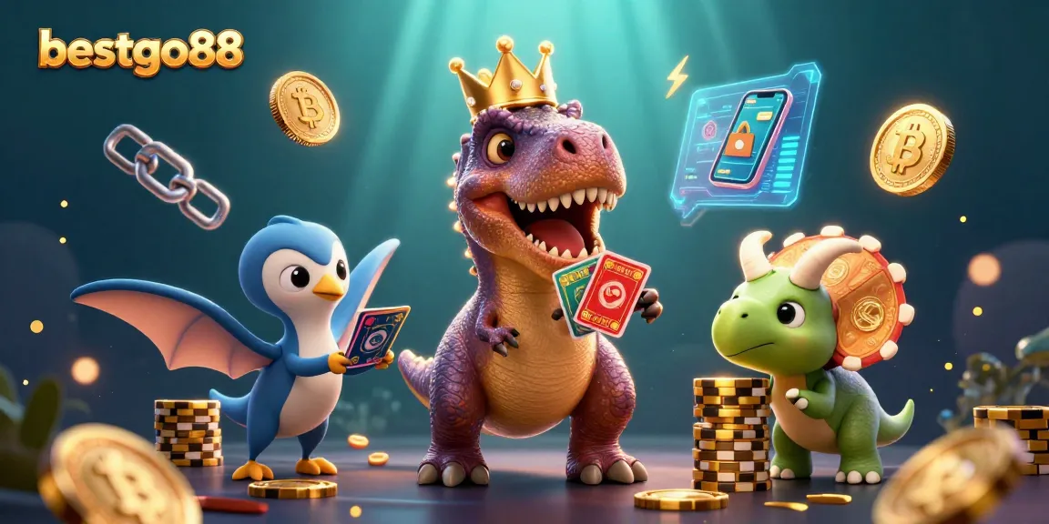bestgo88 showcases a playful casino scene with a T-Rex shuffling cards amidst golden chips and crypto elements.