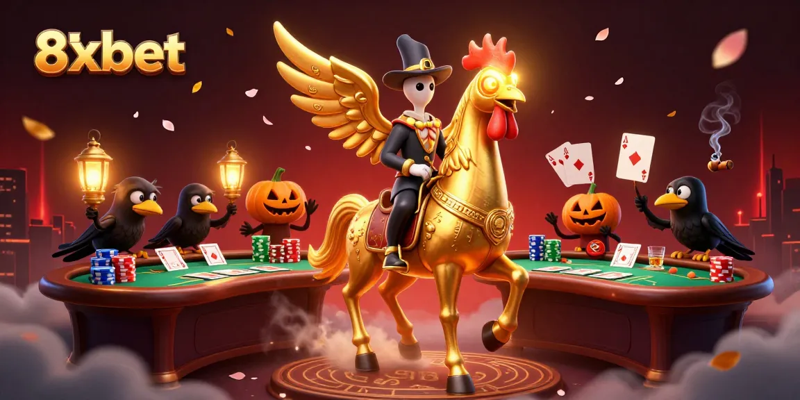 Engage with thrilling moments at 8xbet, featuring a golden rooster in a vibrant casino scene.