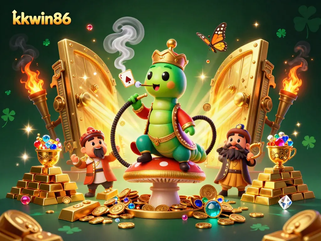 A 3D illustration of kkwin86's caterpillar poker master in a gem-filled casino, promoting winning strategies