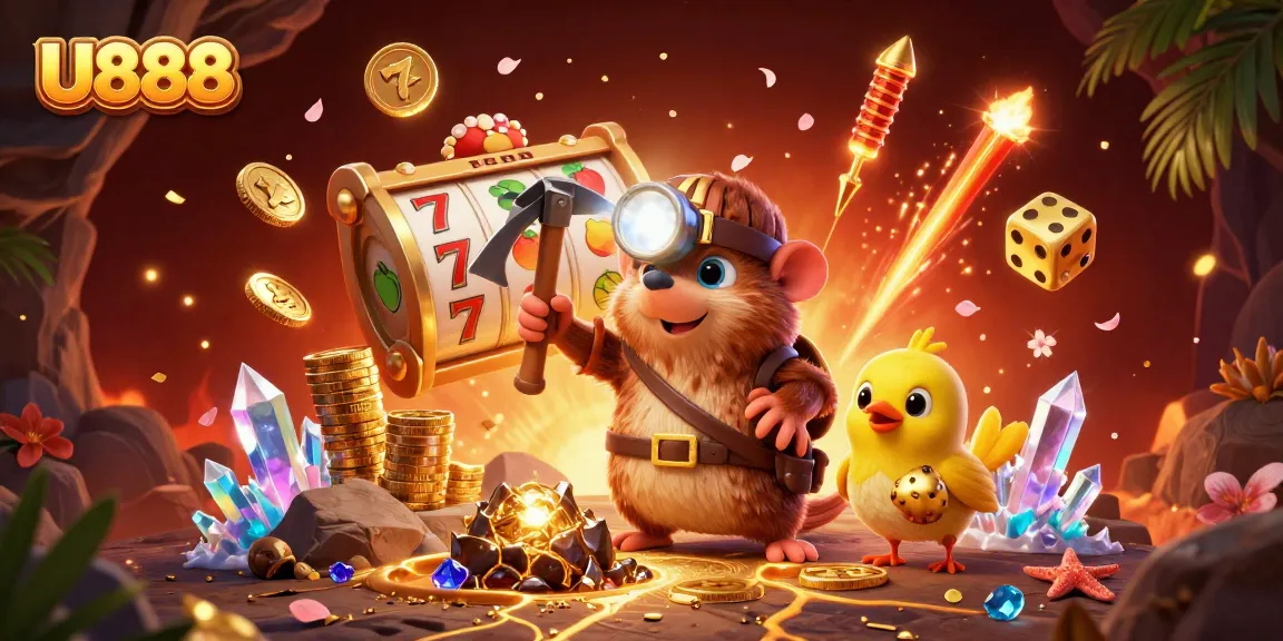 Spin your luck with U888 while a treasure hunter mole discovers hidden gems in a festive casino scene.