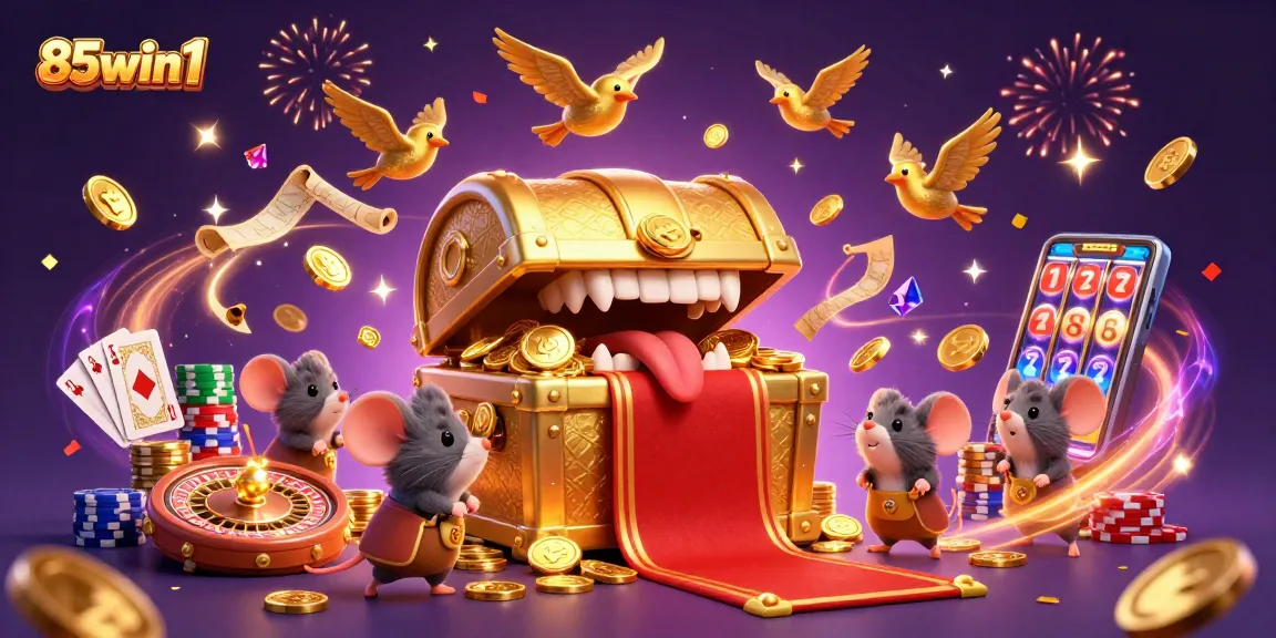 Experience the thrill of 85win1 with vibrant casino elements and golden treasures in a dynamic scene.