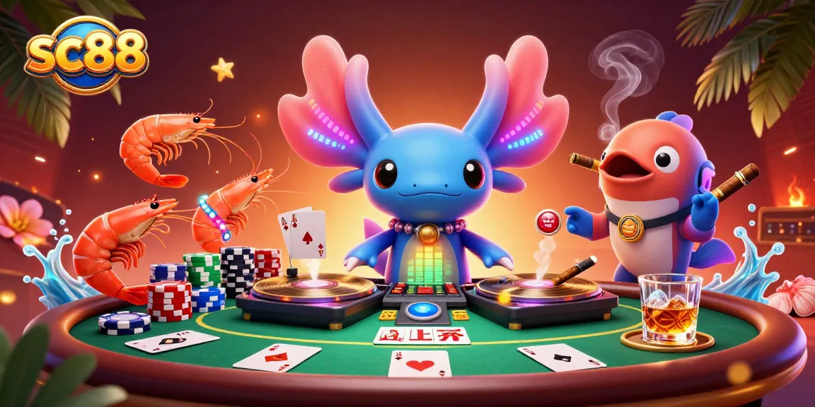 Join in the excitement at sc88 casino, winning poker hands and vibrant party scene with colorful characters.