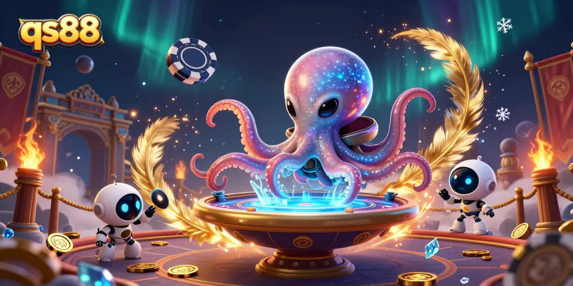Experience the excitement of qs88 poker with an alien octopus and a tiny robot in a vibrant casino scene.