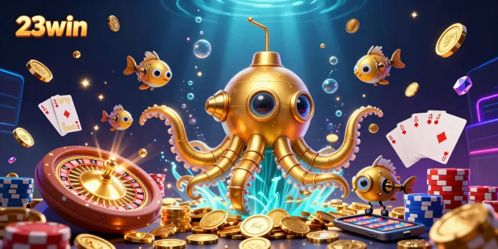 Experience winning with 23win as a golden kraken surfaces from coins surrounded by exciting casino action.