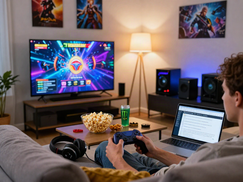 Engaging bandar slot gaming session in a cozy living room with vibrant graphics.
