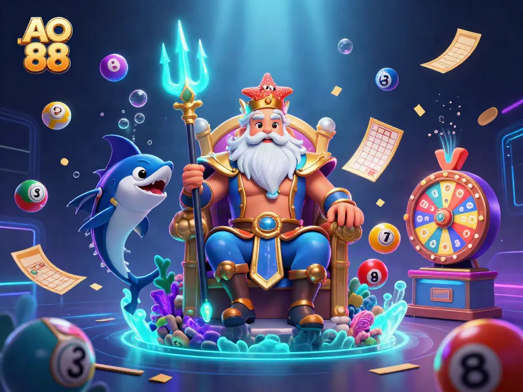 Engage with exciting AO 88 casino elements in this vibrant underwater scene with gaming activities.