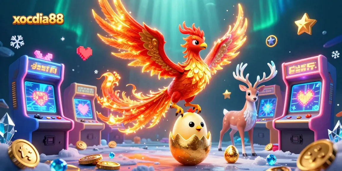 Xocdia88 offers a captivating gaming scene featuring a phoenix in a vibrant casino environment, depicting exhilarating gaming action.