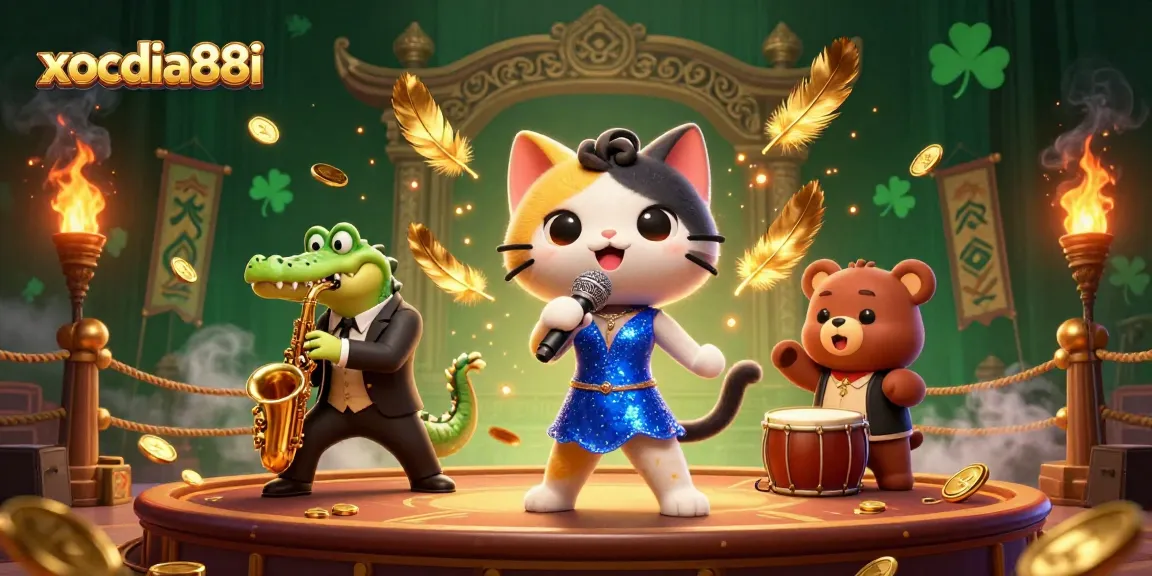 xocdia88i showcases an exciting casino scene with cartoon characters performing under vibrant lights and surrounded by golden elements.