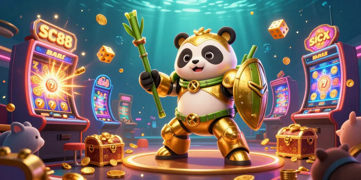 Join the SC88 adventure with a golden panda in a vibrant casino arena, experiencing thrilling jackpots and winning moments.