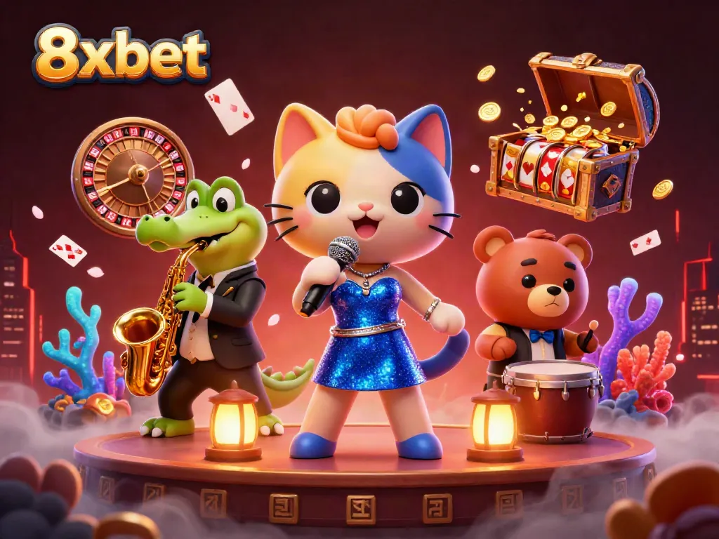 Join the thrill at 8xbet casino with vibrant characters celebrating gaming excitement on stage.