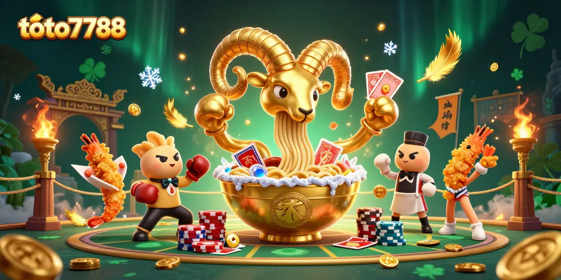 Engage with the vibrant gaming scene at toto7788 featuring a dynamic giant ramen bowl character and exciting casino elements.