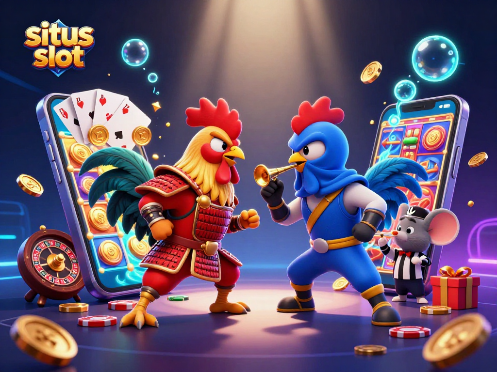 Menangkan jackpot di situs slot dengan grafik menarik dan karakter unik dalam ilustrasi kasino.