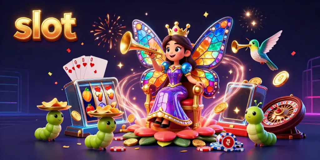 Menangkan slot dengan ilustrasi kasino 3D yang menampilkan ratu kupu-kupu dan elemen permainan yang mewah.