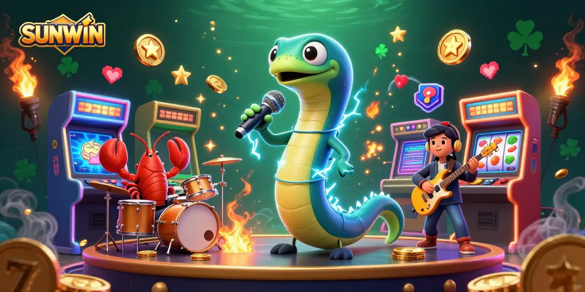 SUNWIN showcases an underwater casino scene featuring a DJ electric eel with a lively band, engaging players in gaming excitement.
