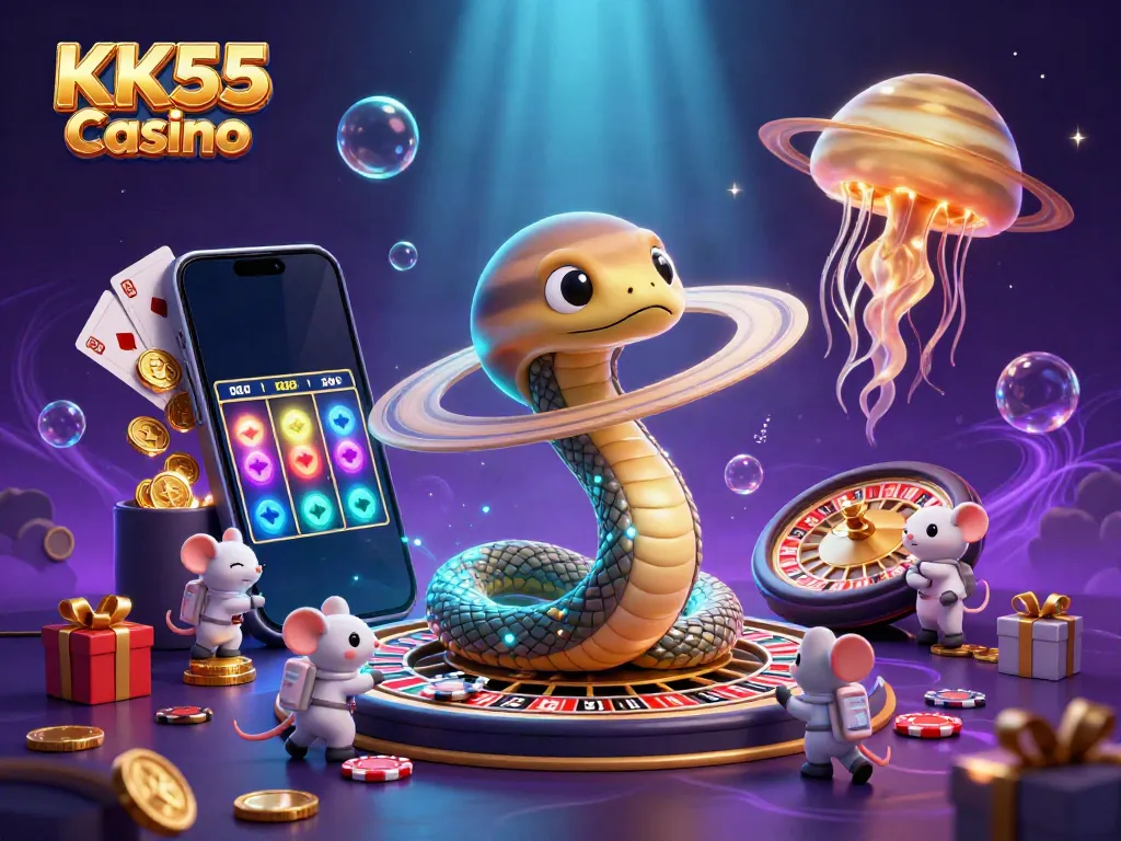 Experience the excitement at KK55 Casino with cartoon space-themed gaming elements and vibrant visuals.