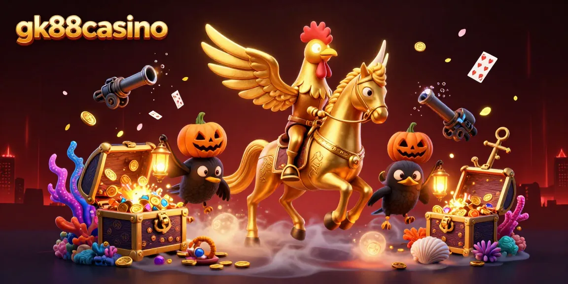 Experience gk88casino with a golden rooster character amidst a colorful casino scene.