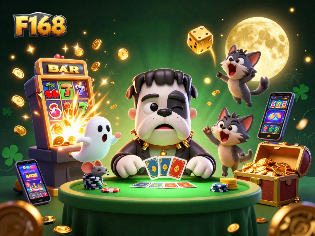 Experience thrilling gameplay at F168 with a vibrant casino scene showcasing exciting characters and a jackpot explosion.