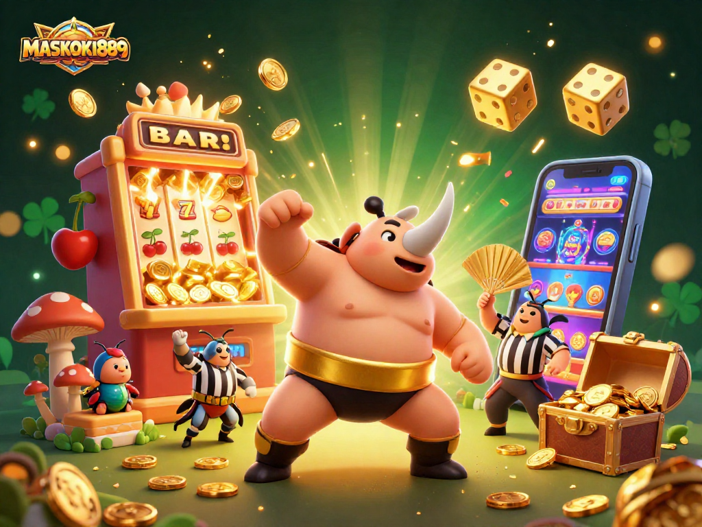 Immerse in the excitement at MASKOKI889, where the rhinoceros beetle champion stomps and golden coins fly!