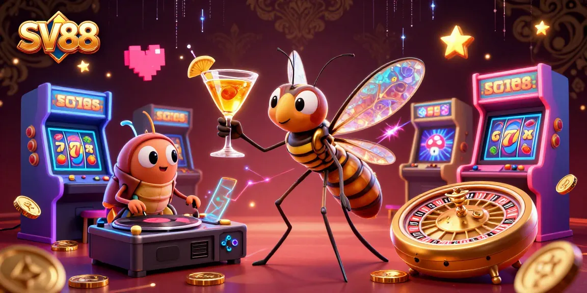 Experience immersive gaming with SV88's energetic casino mascot and vibrant slot elements.