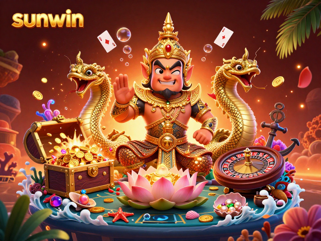 Unleash your luck with Sunwin's vibrant casino adventure featuring a friendly yaksha guardian.