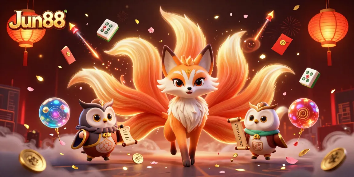 Experience vibrant gaming excitement with Jun88's nine-tailed fox and wise owl in a colorful casino scene.