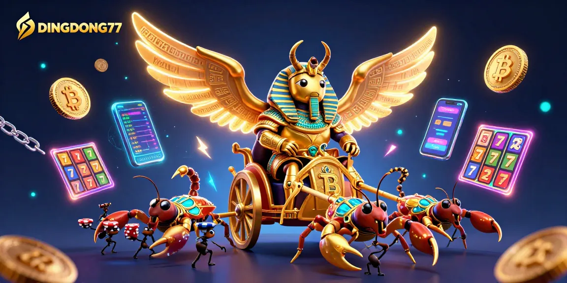 DINGDONG77 showcases a vibrant 3D gaming scene with colorful slot elements and characters enhancing the jackpot experience.