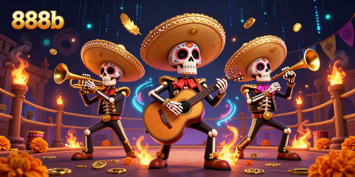 Engage with 888b's lively Day of the Dead mariachi band illustration amidst a dynamic casino scene.