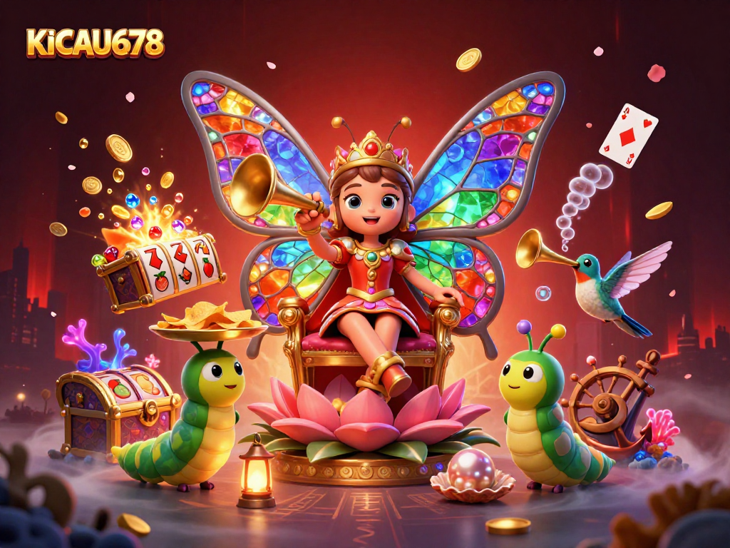 KICAU678 spins the reels while the vibrant butterfly queen rules a magical casino realm.